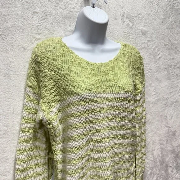 Free People Open Knit Sweater Women XS Green White Striped Loose Textured Cotton - Picture 3 of 12